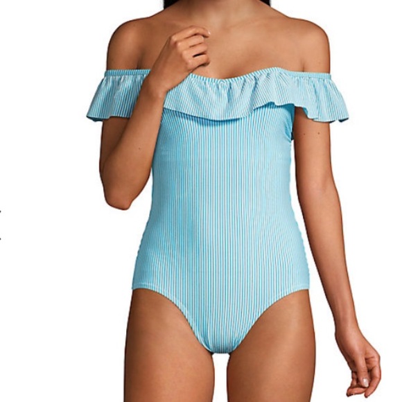 Women's Lands' End Tummy Control Seersucker Ruffle Off-the-Shoulder Size 12 - Picture 5 of 16